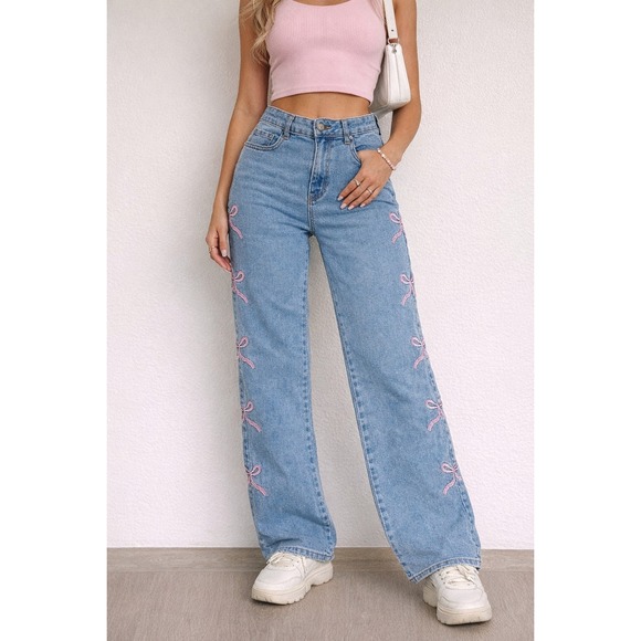 Gogo Denim - Gogo Jeans Wide Leg Women Size 7/28 Blue New Pink Bow Embroidered Mid-Rise